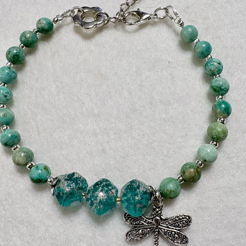 Turquoise Beaded Bracelet with Silver Dragonfly Charm